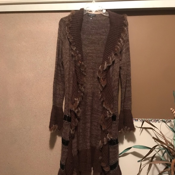 Long Sweater Cover-up Faux Fur Leather &  beads - Picture 7 of 14